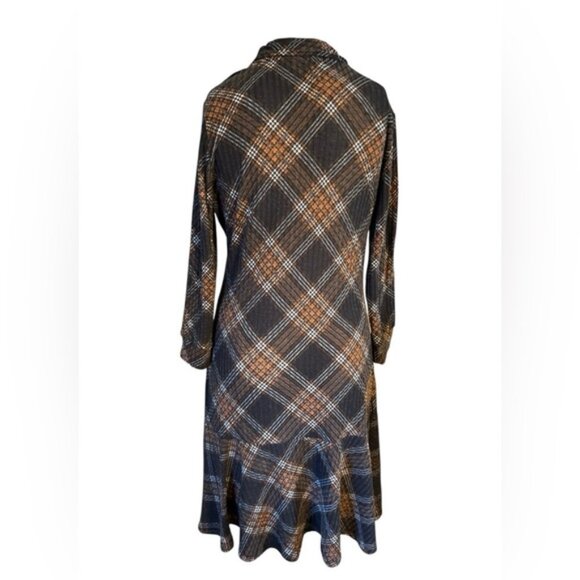 Adrienne Vittadini Brown Plaid Tie Neck Academia Lightweight Sheath Dress Sz M - Picture 2 of 12